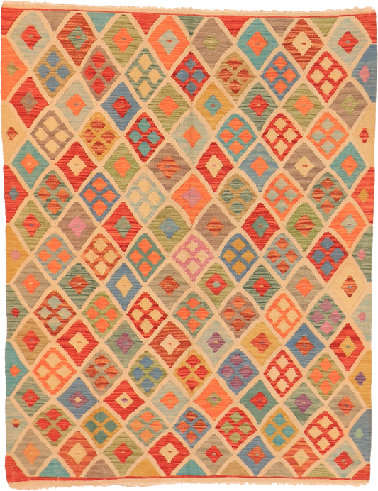 W 4.10 L 6.4 Kilim 100% Wool Hand-Woven All-Over Design - 63707