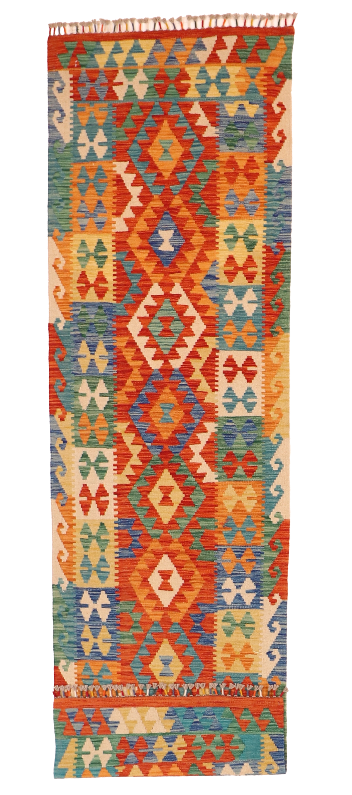 W 2.10 L 9.8 Kilim Runner 100% Wool Hand-Woven All-Over Design - 63721
