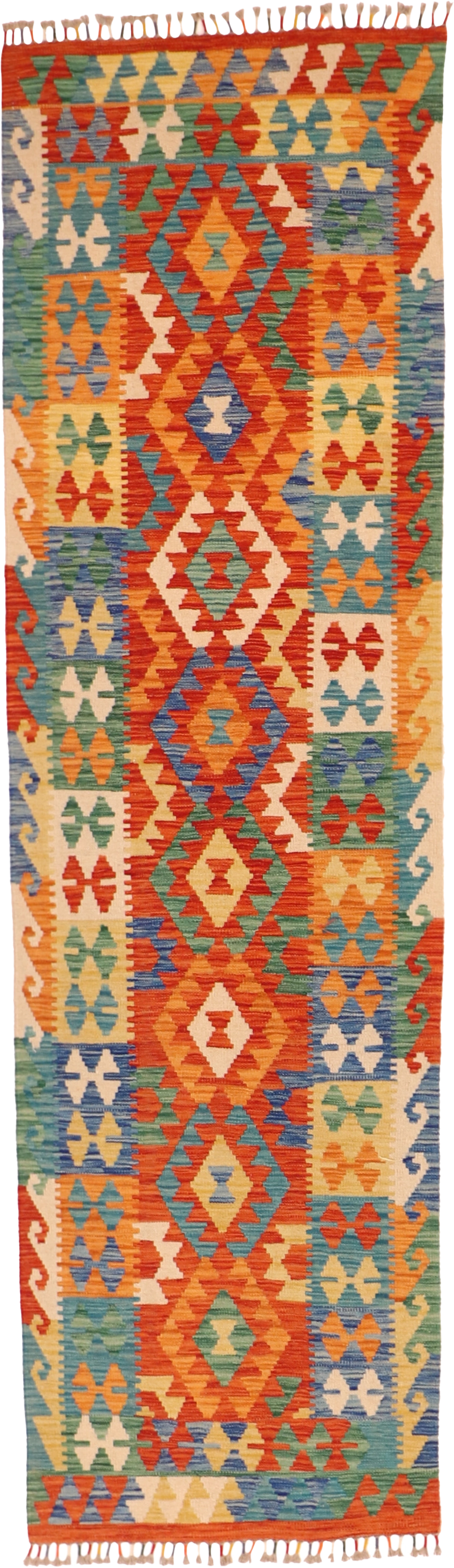 W 2.10 L 9.8 Kilim Runner 100% Wool Hand-Woven All-Over Design - 63721