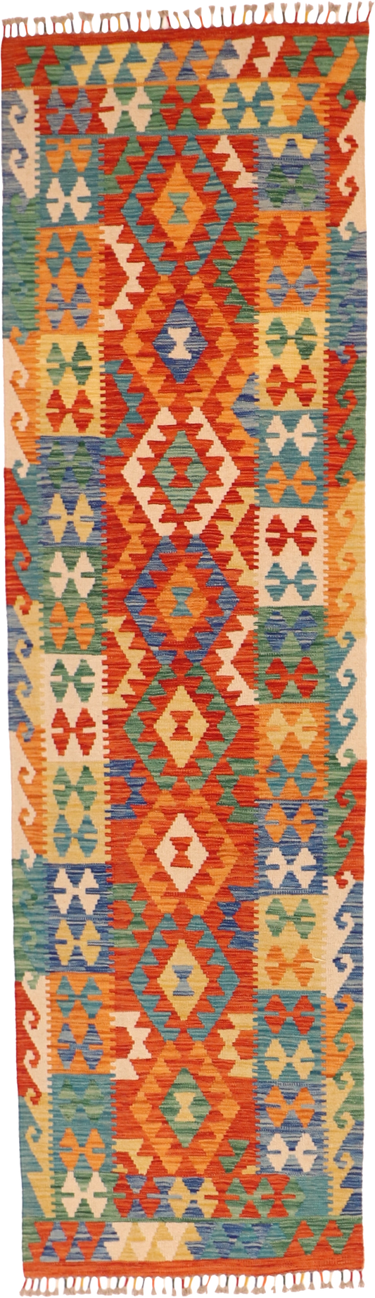 W 2.10 L 9.8 Kilim Runner 100% Wool Hand-Woven All-Over Design - 63721
