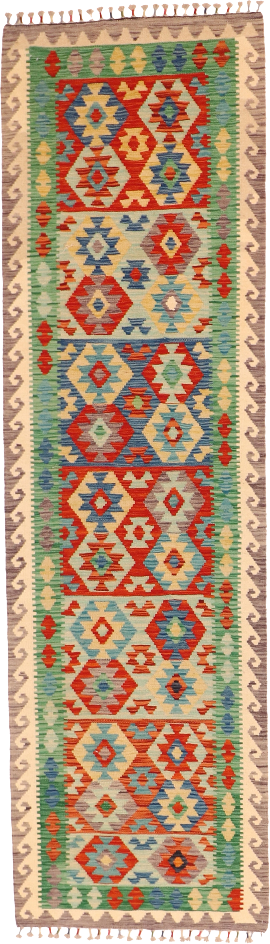 W 2.10 L 9.7 Kilim Runner 100% Wool Hand-Woven All-Over Design - 63723