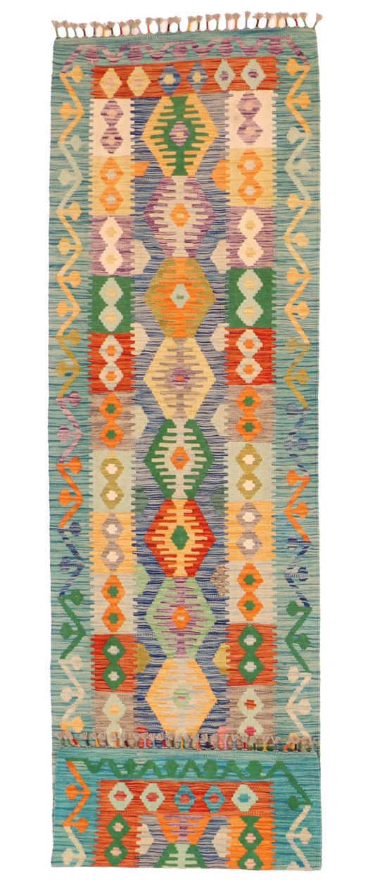 W 2.8 L 9.7 Kilim Runner 100% Wool Hand-Woven All-Over Design - 63727