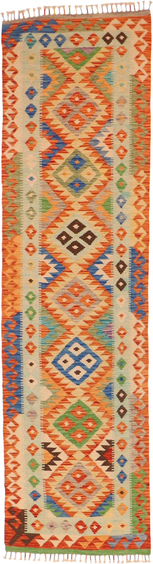 W 2.8 L 9.6 Kilim Runner 100% Wool Hand-Woven All-Over Design - 63728