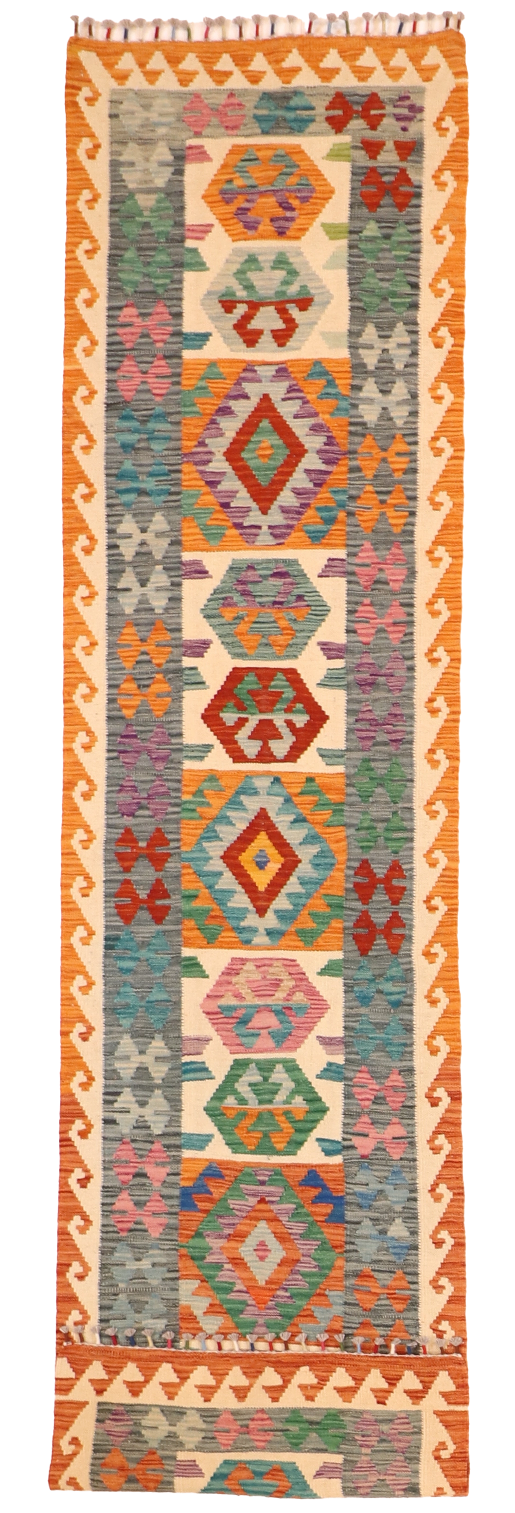 W 2.6 L 9.10 Kilim Runner 100% Wool Hand-Woven All-Over Design - 63729