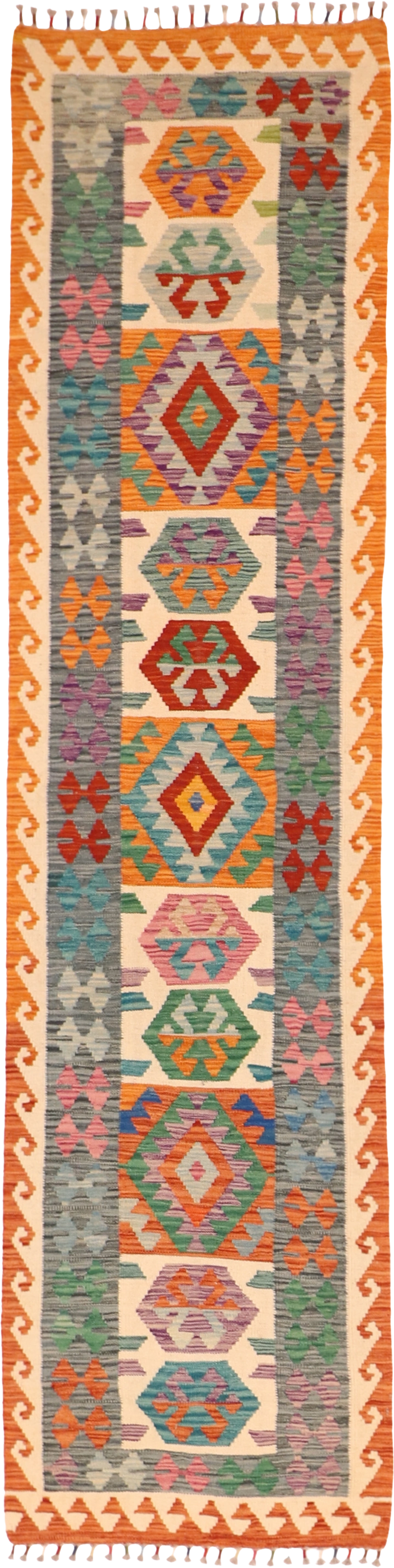 W 2.6 L 9.10 Kilim Runner 100% Wool Hand-Woven All-Over Design - 63729