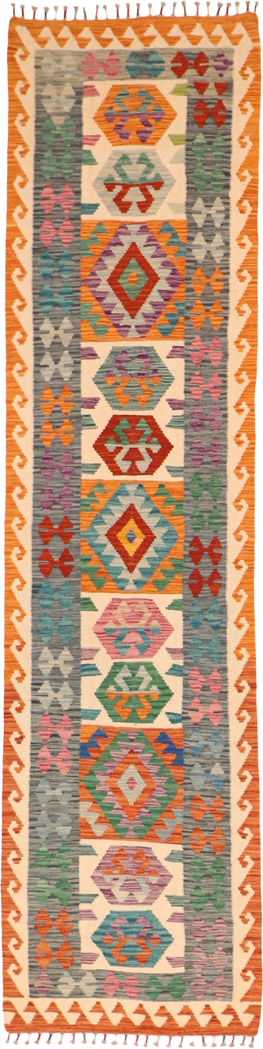 W 2.6 L 9.10 Kilim Runner 100% Wool Hand-Woven All-Over Design - 63729