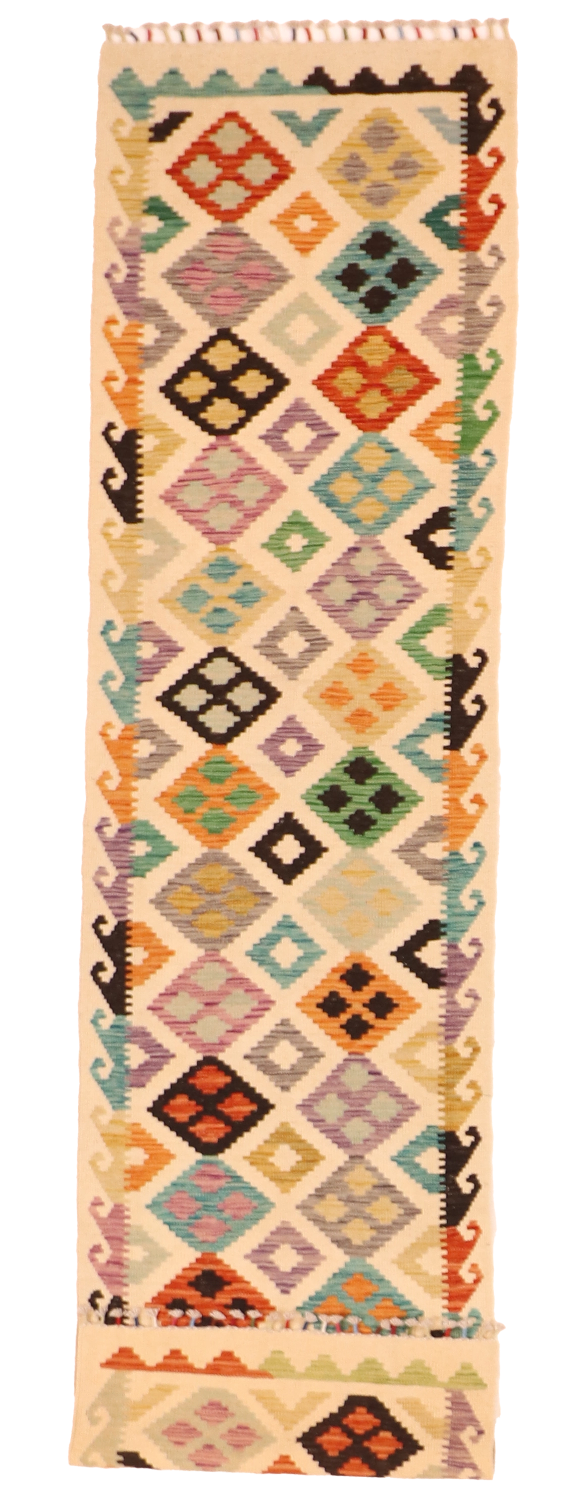 W 2.6 L 9.6 Kilim Runner 100% Wool Hand-Woven Geometric Design - 63730