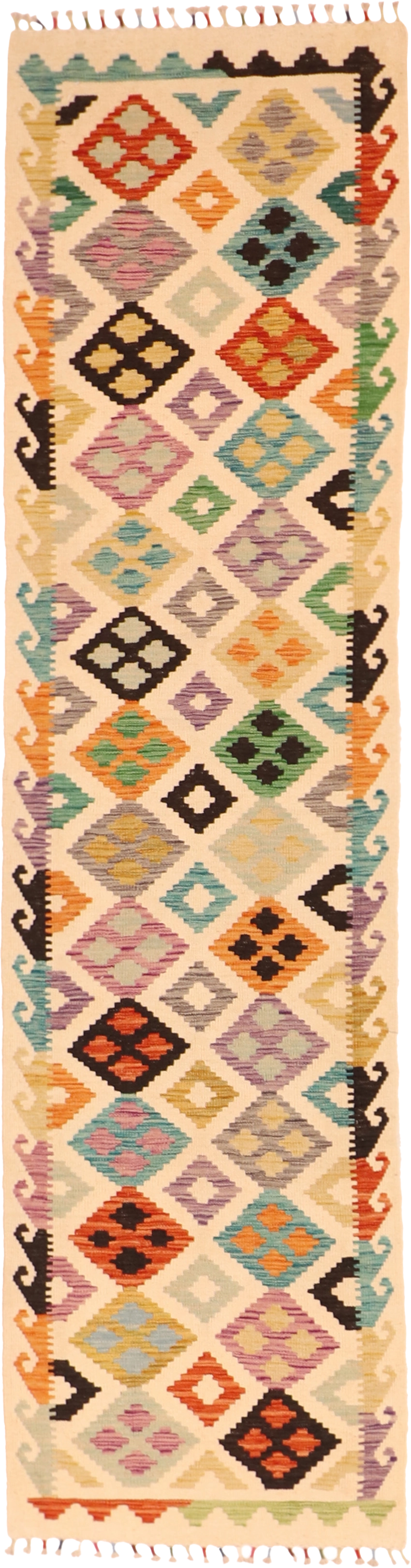 W 2.6 L 9.6 Kilim Runner 100% Wool Hand-Woven Geometric Design - 63730