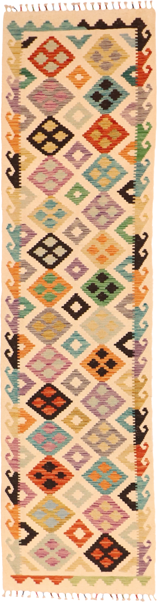 W 2.6 L 9.6 Kilim Runner 100% Wool Hand-Woven Geometric Design - 63730