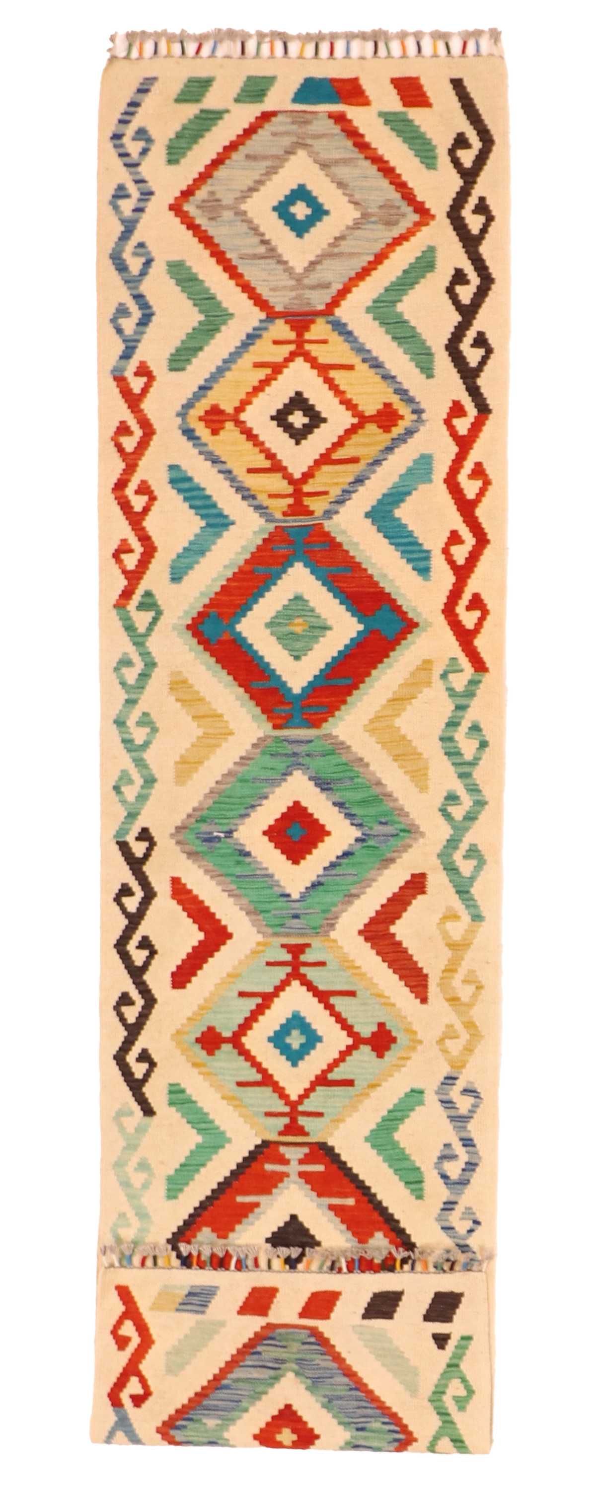 W 2.6 L 9.8 Kilim Runner 100% Wool Hand-Woven All-Over Design - 63731