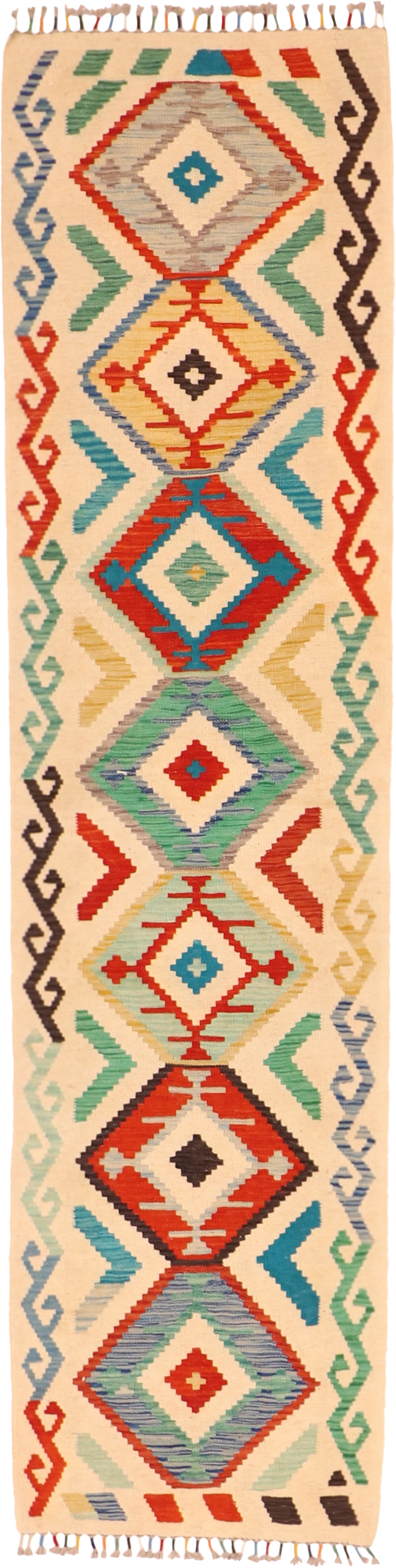 W 2.6 L 9.8 Kilim Runner 100% Wool Hand-Woven All-Over Design - 63731