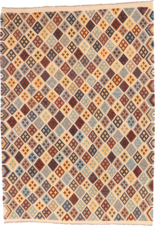 W 6.7 L 9.4 Kilim 100% Wool Hand-Woven All-Over Design - 63733
