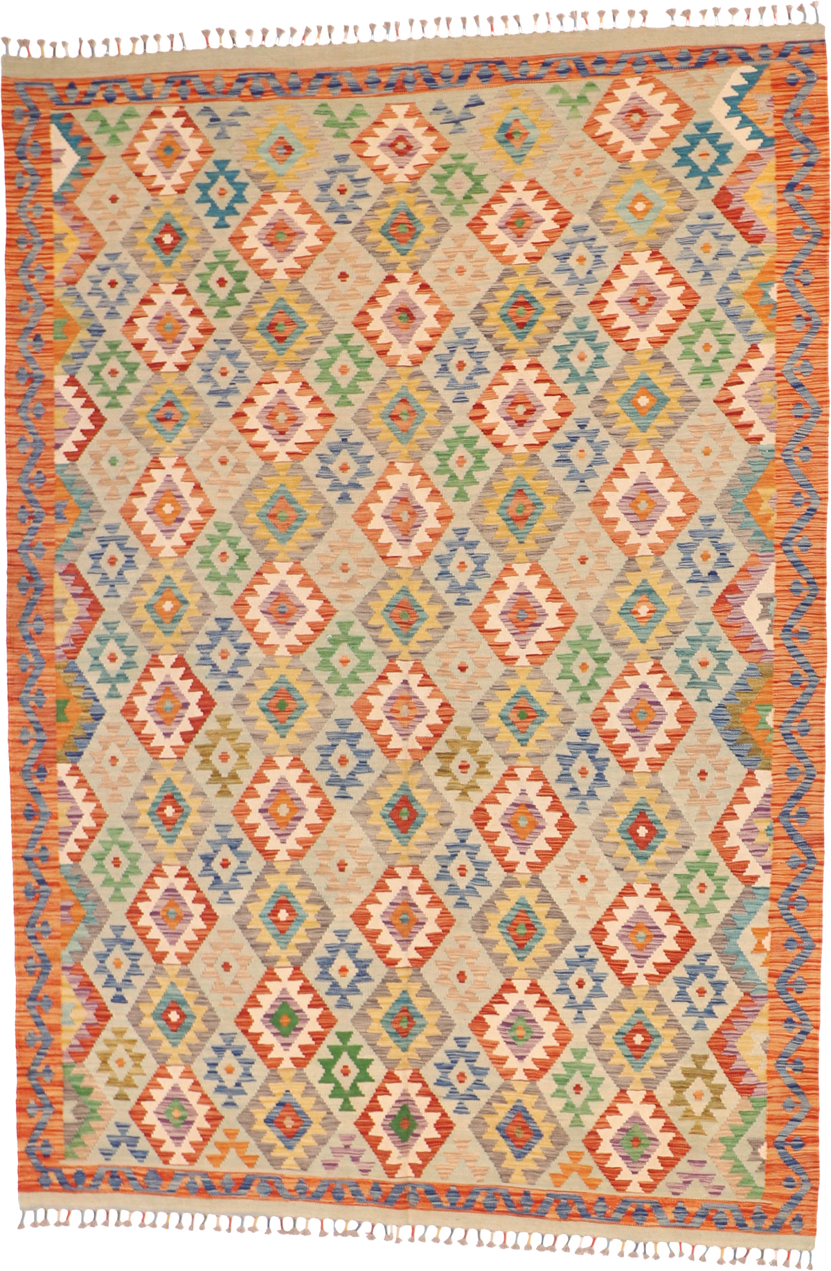 W 6.9 L 9.8 Kilim 100% Wool Hand-Woven All-Over Design - 63736