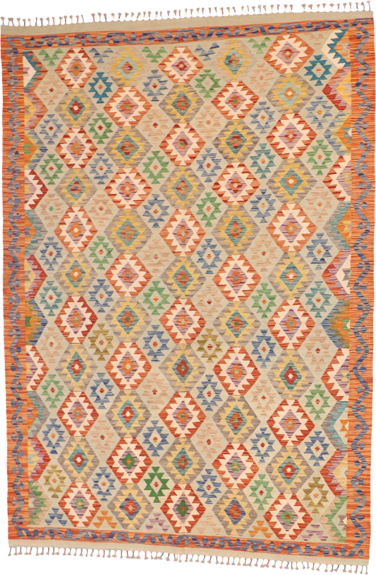 W 6.9 L 9.8 Kilim 100% Wool Hand-Woven All-Over Design - 63736