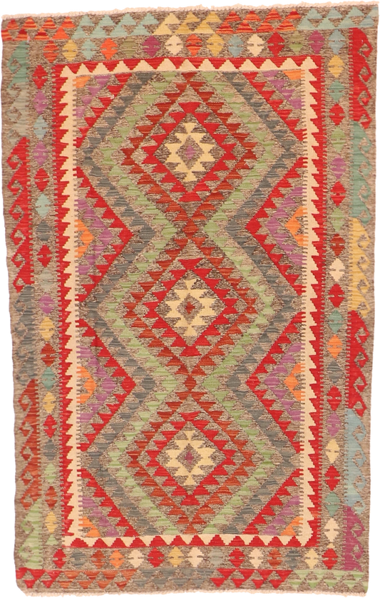 W 3.10 L 5.11 Kilim 100% Wool Hand-Woven All-Over Design - 63738