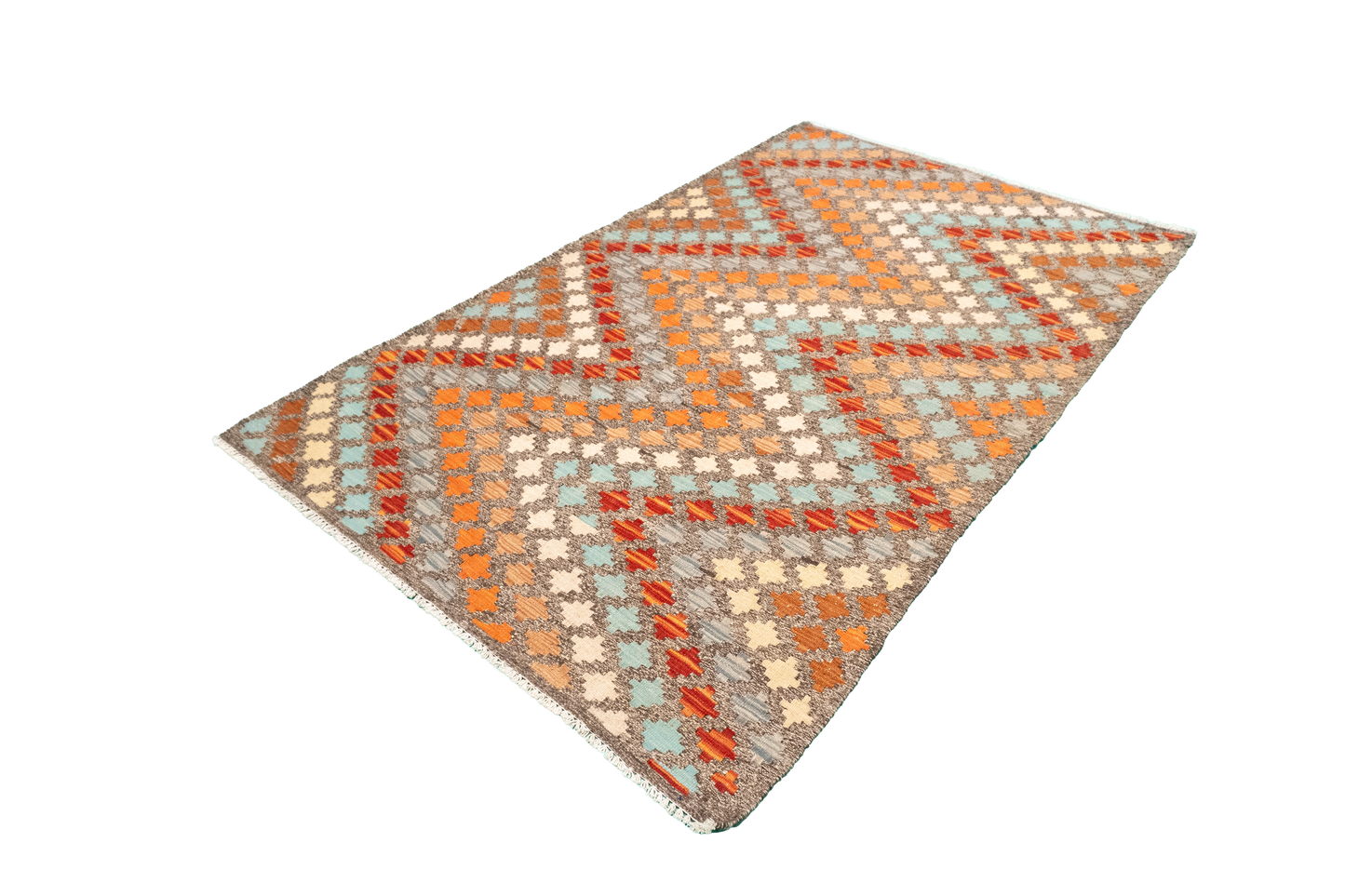 W 3.7 - L 6.1 - Kilim Fine/Wool All Over Rectangle - Finest Hand-Made Quality Wool - 63740