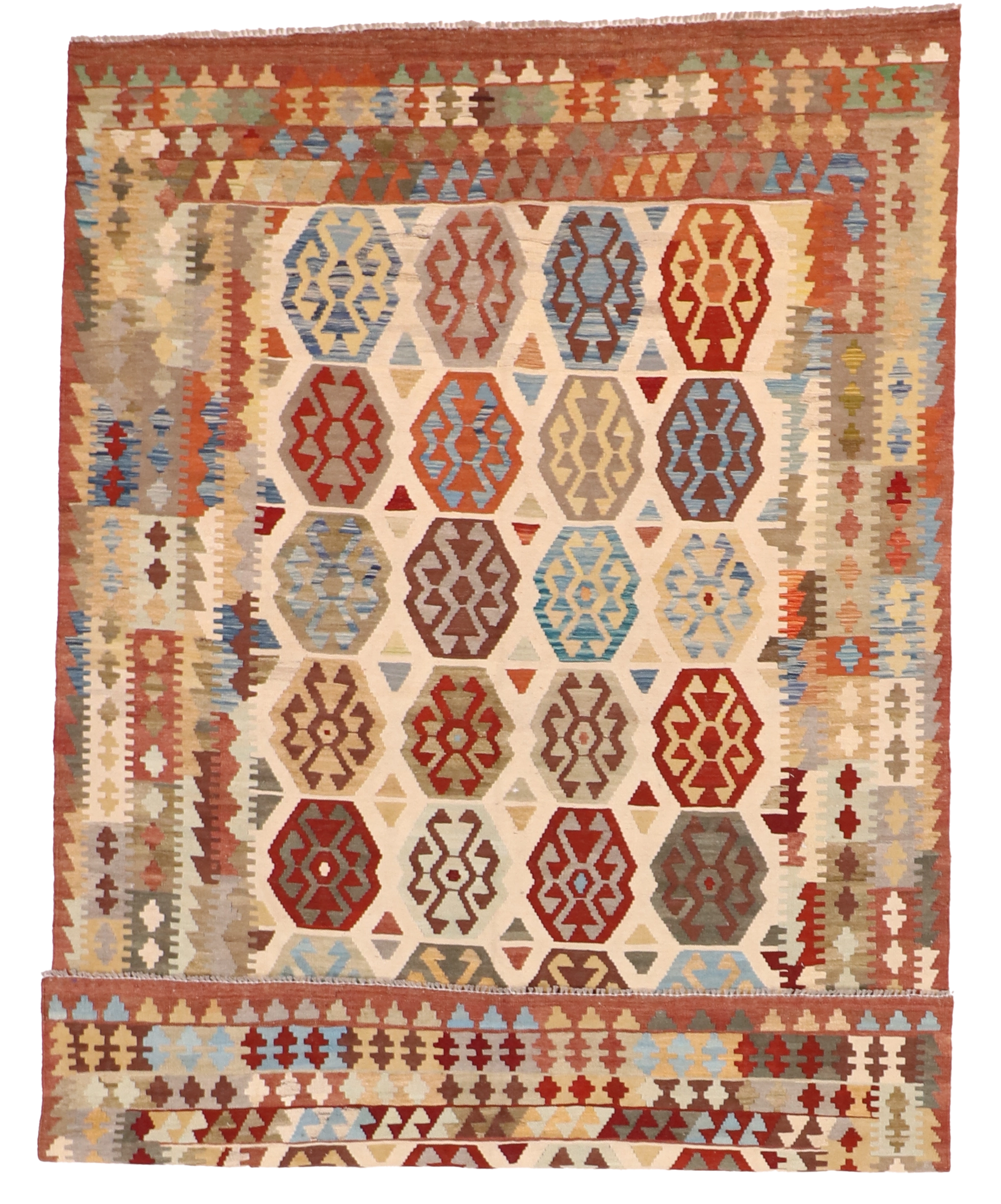 W 6.7 L 9.6 Kilim 100% Wool Hand-Woven All-Over Design - 63761