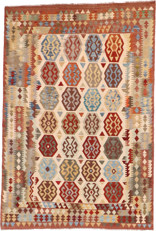 W 6.7 L 9.6 Kilim 100% Wool Hand-Woven All-Over Design - 63761