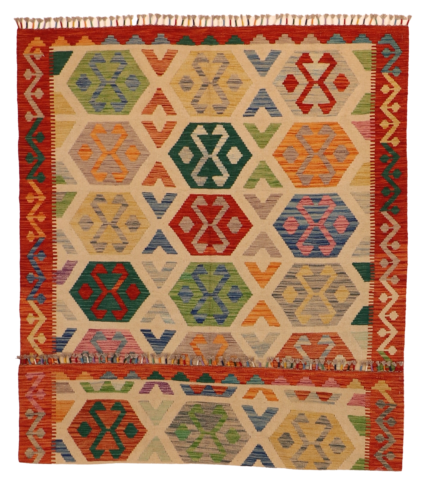 W 5.7 - L 7.8 - Kilim Fine/Wool All Over Rectangle - Finest Hand-Made Quality Wool - 63766