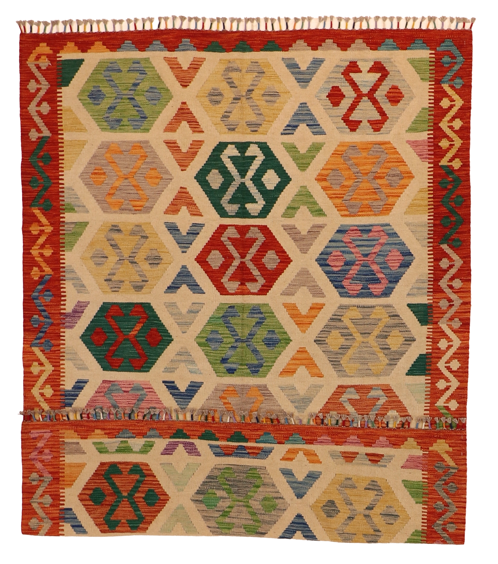 W 5.7 - L 7.8 - Kilim Fine/Wool All Over Rectangle - Finest Hand-Made Quality Wool - 63766