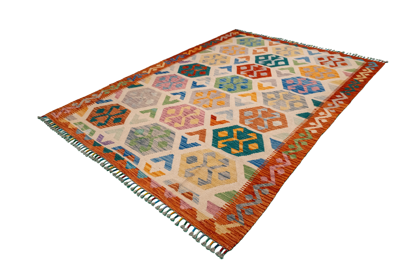 W 5.7 - L 7.8 - Kilim Fine/Wool All Over Rectangle - Finest Hand-Made Quality Wool - 63766