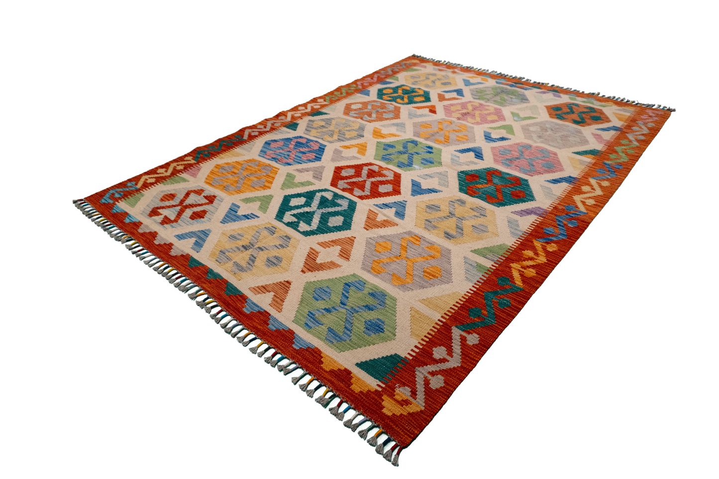 W 5.7 - L 7.8 - Kilim Fine/Wool All Over Rectangle - Finest Hand-Made Quality Wool - 63766