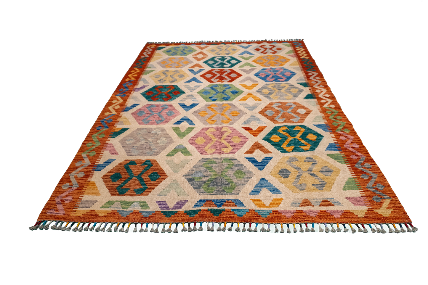 W 5.7 - L 7.8 - Kilim Fine/Wool All Over Rectangle - Finest Hand-Made Quality Wool - 63766