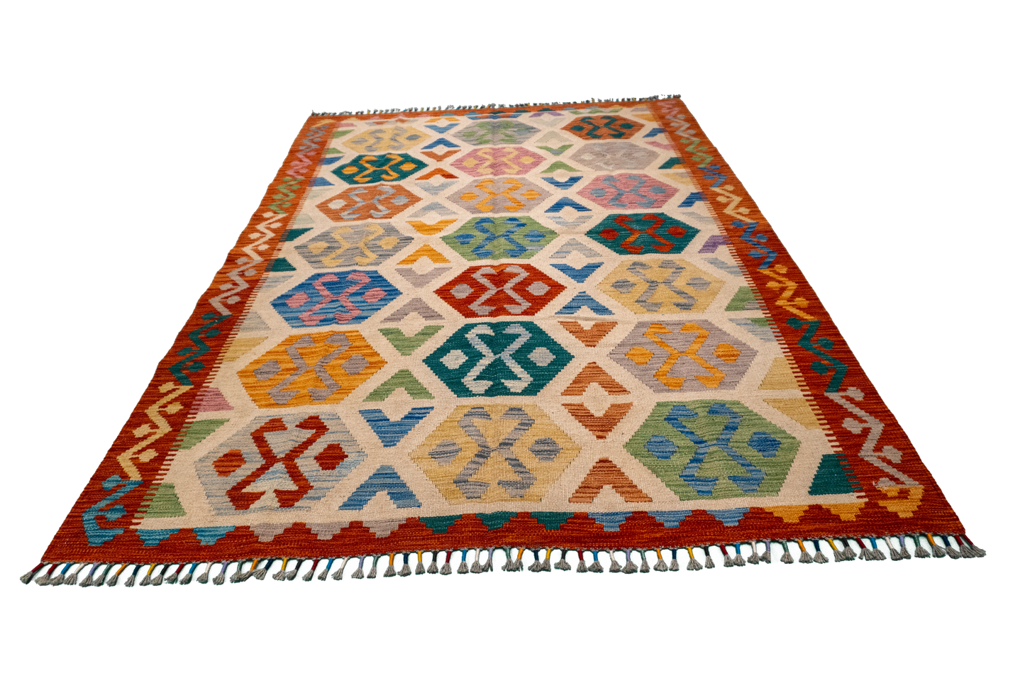 W 5.7 - L 7.8 - Kilim Fine/Wool All Over Rectangle - Finest Hand-Made Quality Wool - 63766