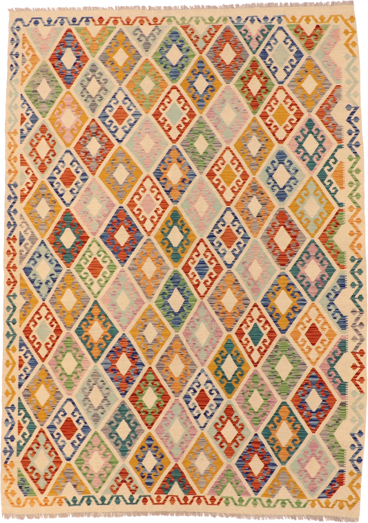 W 7 - L 9.8 Kilim 100% Wool Hand-Woven Rug - 63952