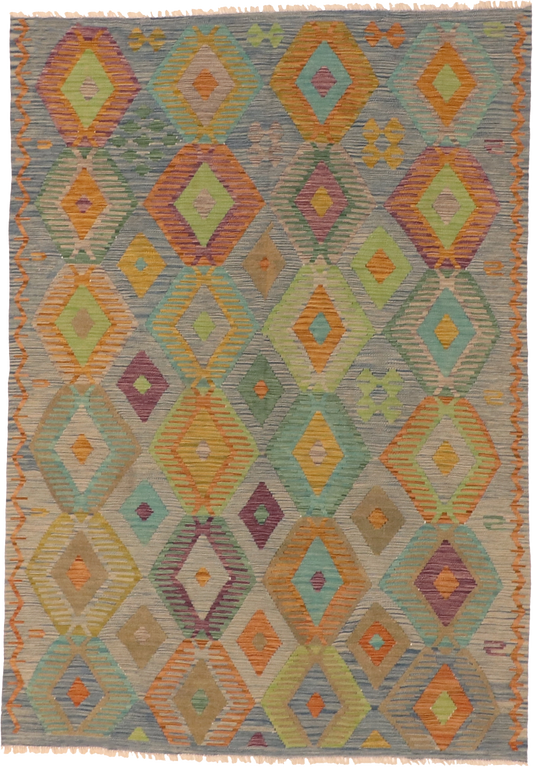 W 5.8 L 8.1 Kilim 100% Wool Hand-Woven All-Over Design - 63954