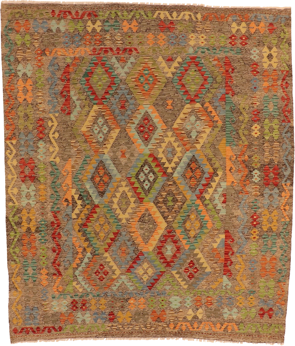 W 6.11 L 8 Kilim 100% Wool Hand-Woven All-Over Design - 63958