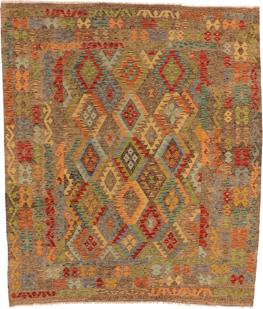 W 6.11 L 8 Kilim 100% Wool Hand-Woven All-Over Design - 63958