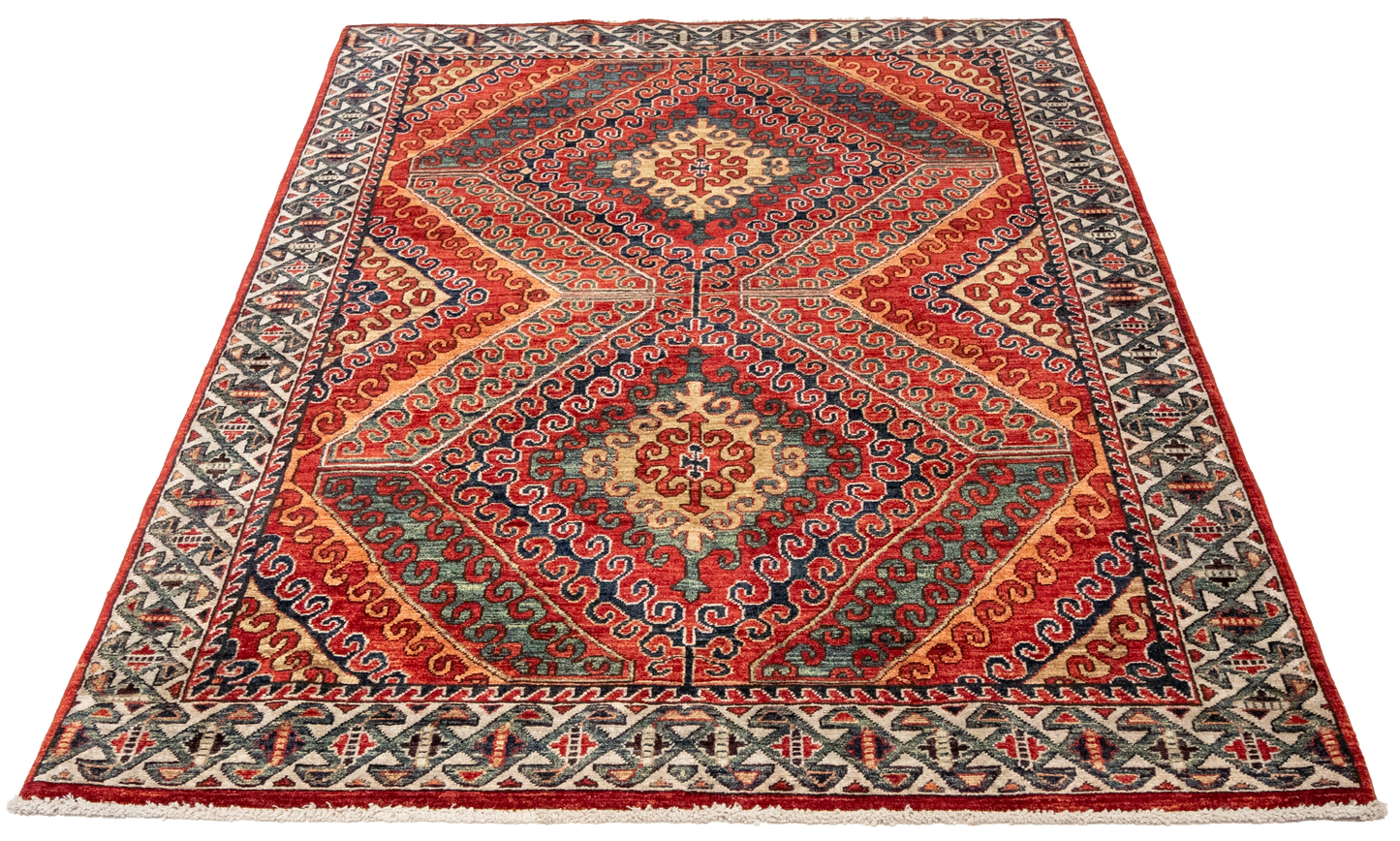 W 4.1 L 6 Kazak 100% Wool Hand-Woven Geometric Design - 64235