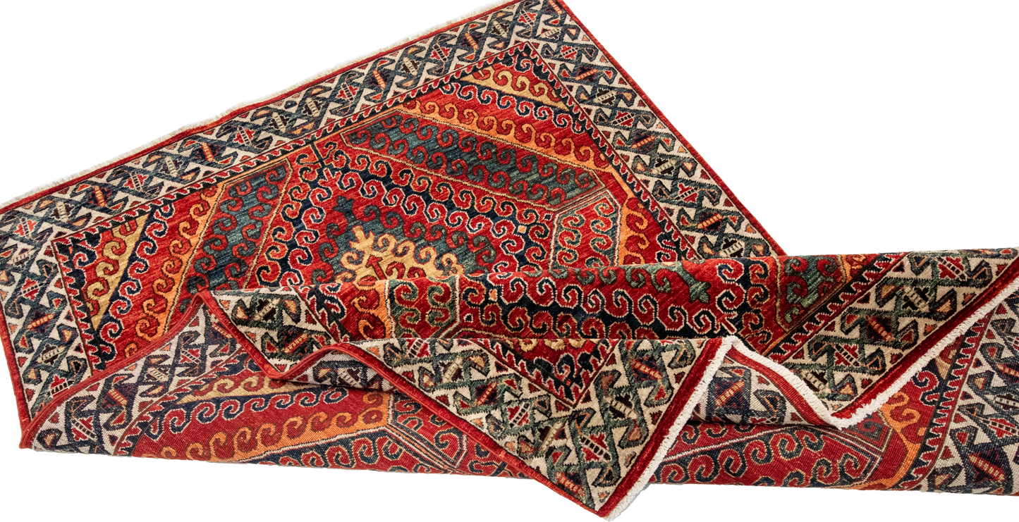 W 4.1 L 6 Kazak 100% Wool Hand-Woven Geometric Design - 64235