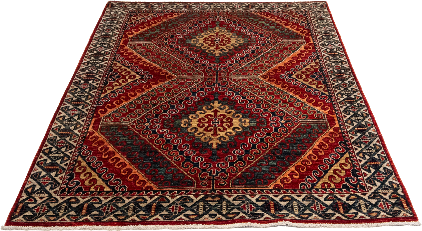 W 4.1 L 6 Kazak 100% Wool Hand-Woven Geometric Design - 64235