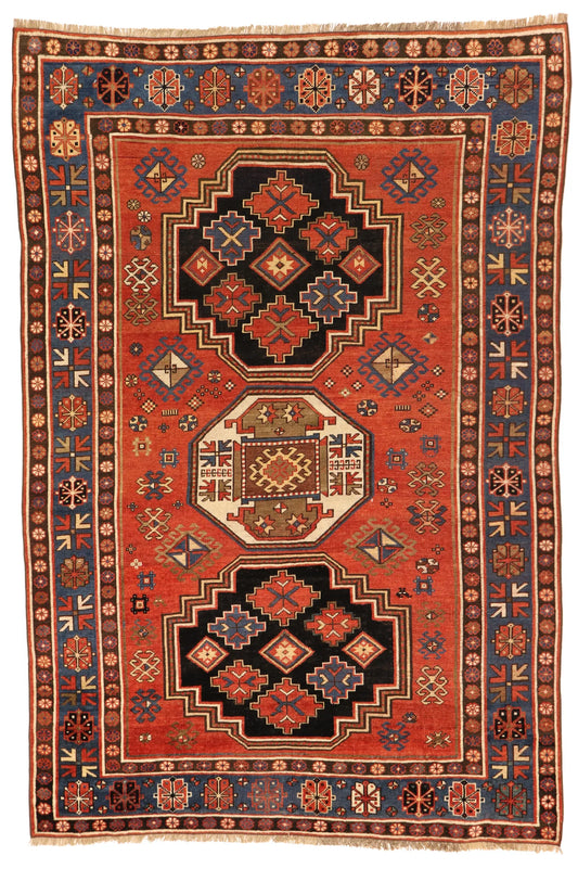 W 5 - L 7.7 - Caucasian Fine/Wool Geometric Rectangle - Finest Hand-Knotted Quality Wool - 64372