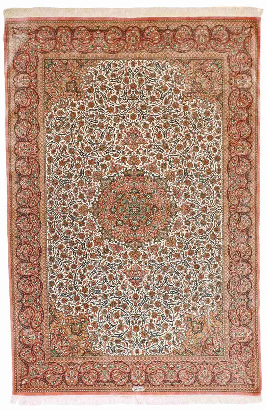4.4 x 6.6 - Qum Fine/Silk Floral Rectangle - Finest Hand-Knotted Quality Wool — 64414