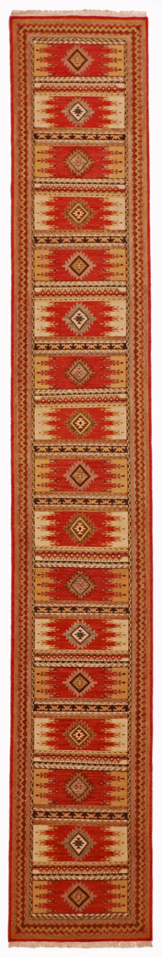 W 2.7 - L 25 - Karajeh Fine/Wool Geometric Rectangle - Finest Hand-Knotted Quality Wool - 64450