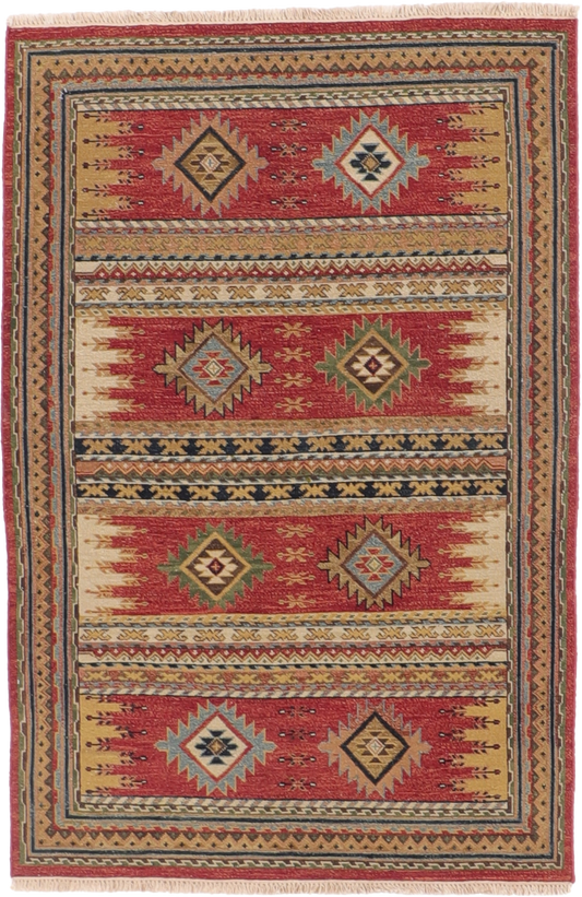 W 4 L 6 Karajeh Sumak 100% Wool Hand-Woven Geometric Design - 64455