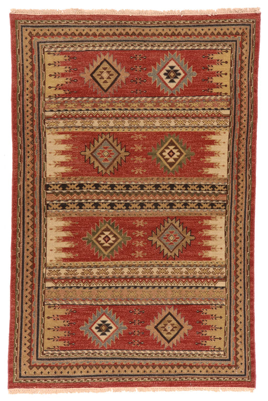 3.1 x 4.9 - Karajeh Fine/Wool Geometric Rectangle - Finest Hand-Knotted Quality Wool — 64458