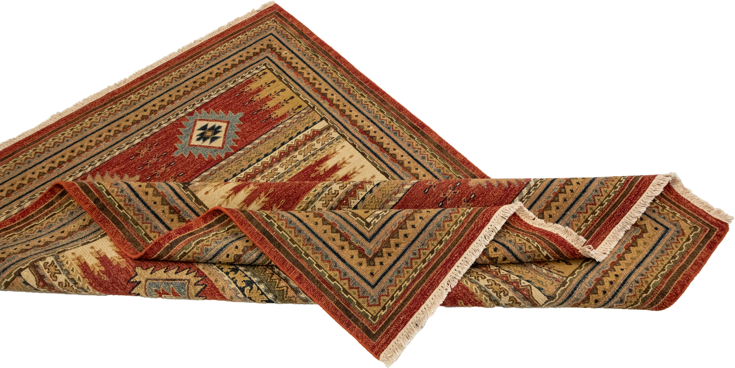 W 4.10 L 6.10 Karajeh Sumak 100% Wool Hand-Woven Geometric Design - 64462
