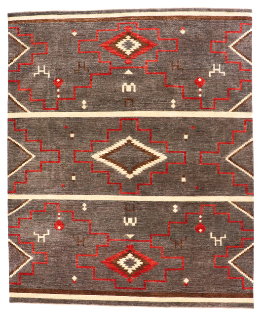 W 8  L 9.8 Mountain Modern Geometric 100% Wool Hand-Knotted Rug - 64936