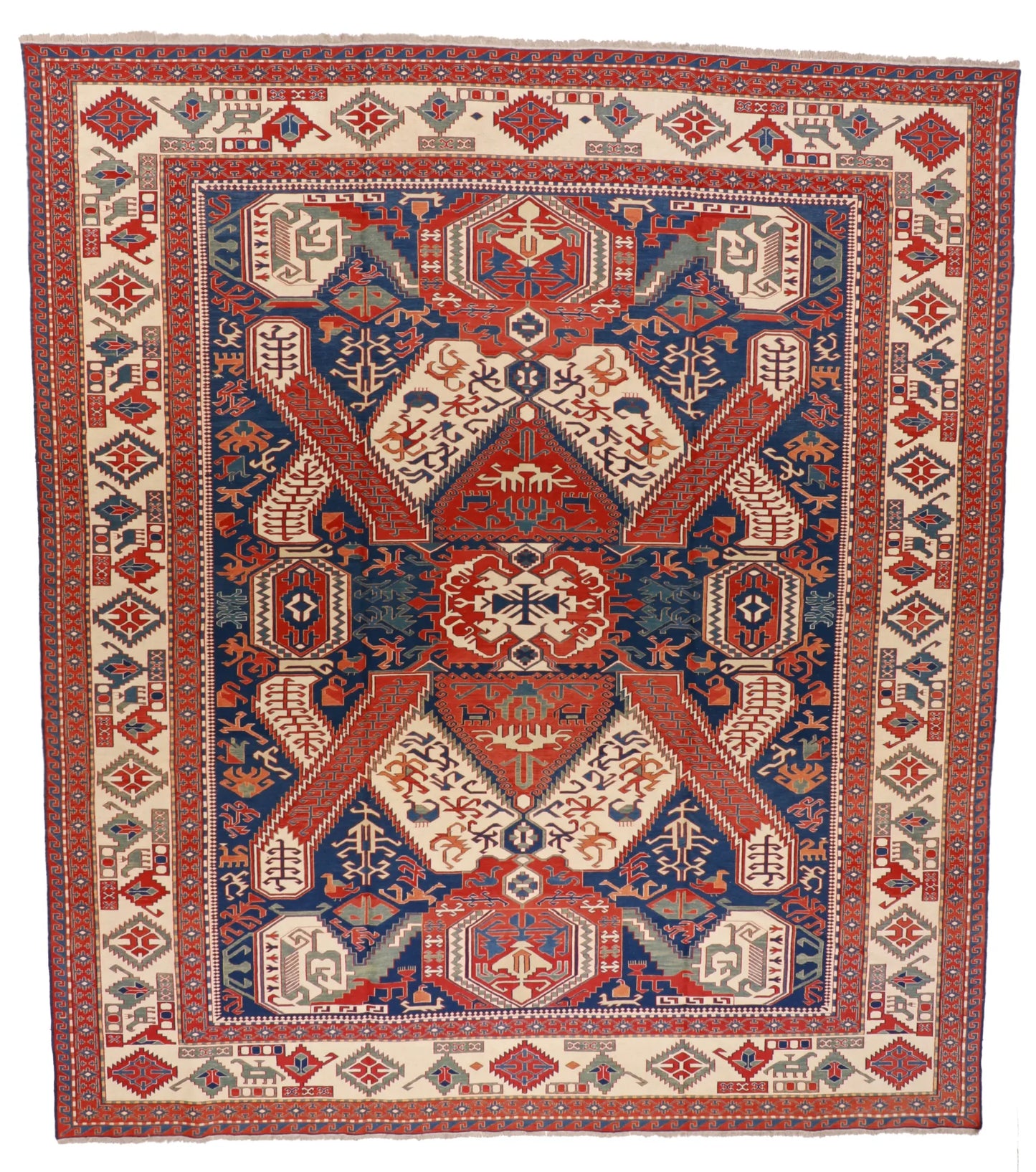 11.8 x 12.7 - Sumak Fine/Wool Geometric Rectangle - Finest Hand-Knotted Quality Wool — 65045