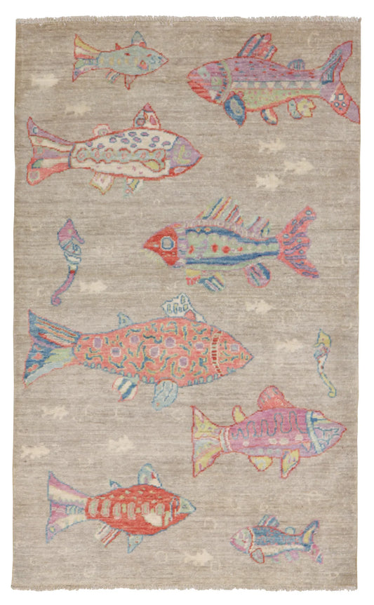 3 x 4.10 - Fish Fine/Wool All Over Rectangle - Finest Hand-Knotted Quality Wool — 65325