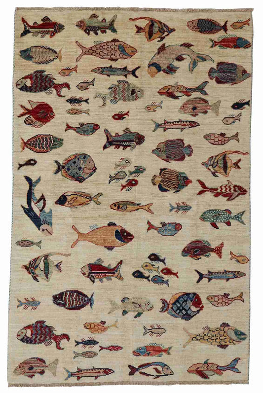 3.11 x 6 - Fish Wool Contemporary Rectangle - Finest Hand-Knotted Quality Wool — 65550