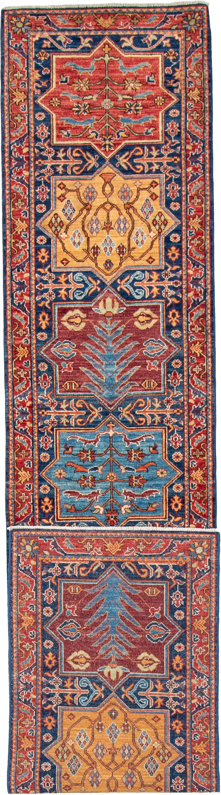 W 2.8 L 13.2 Kazak Runner 100% Wool Hand-Woven Geometric Design - 65626