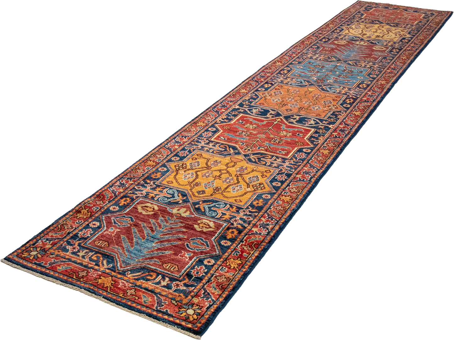 W 2.8 L 13.2 Kazak Runner 100% Wool Hand-Woven Geometric Design - 65626