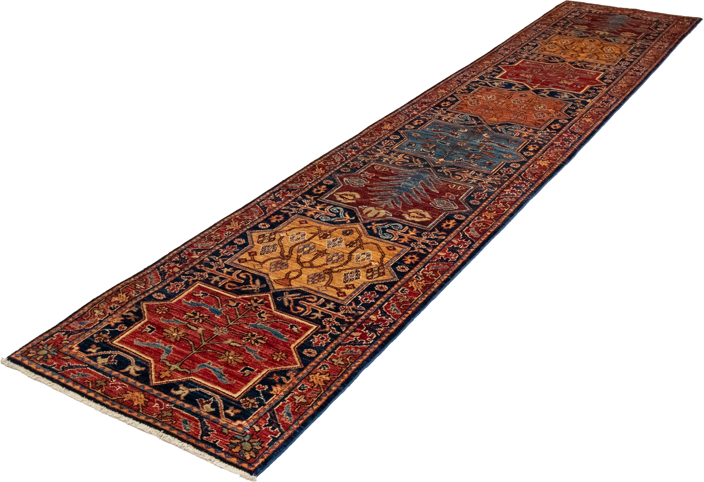 W 2.8 L 13.2 Kazak Runner 100% Wool Hand-Woven Geometric Design - 65626