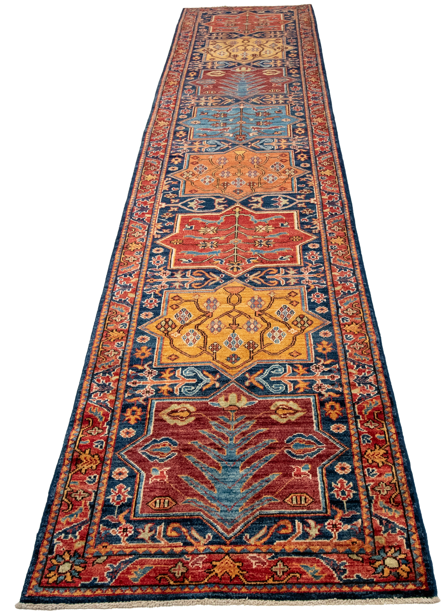 W 2.8 L 13.2 Kazak Runner 100% Wool Hand-Woven Geometric Design - 65626