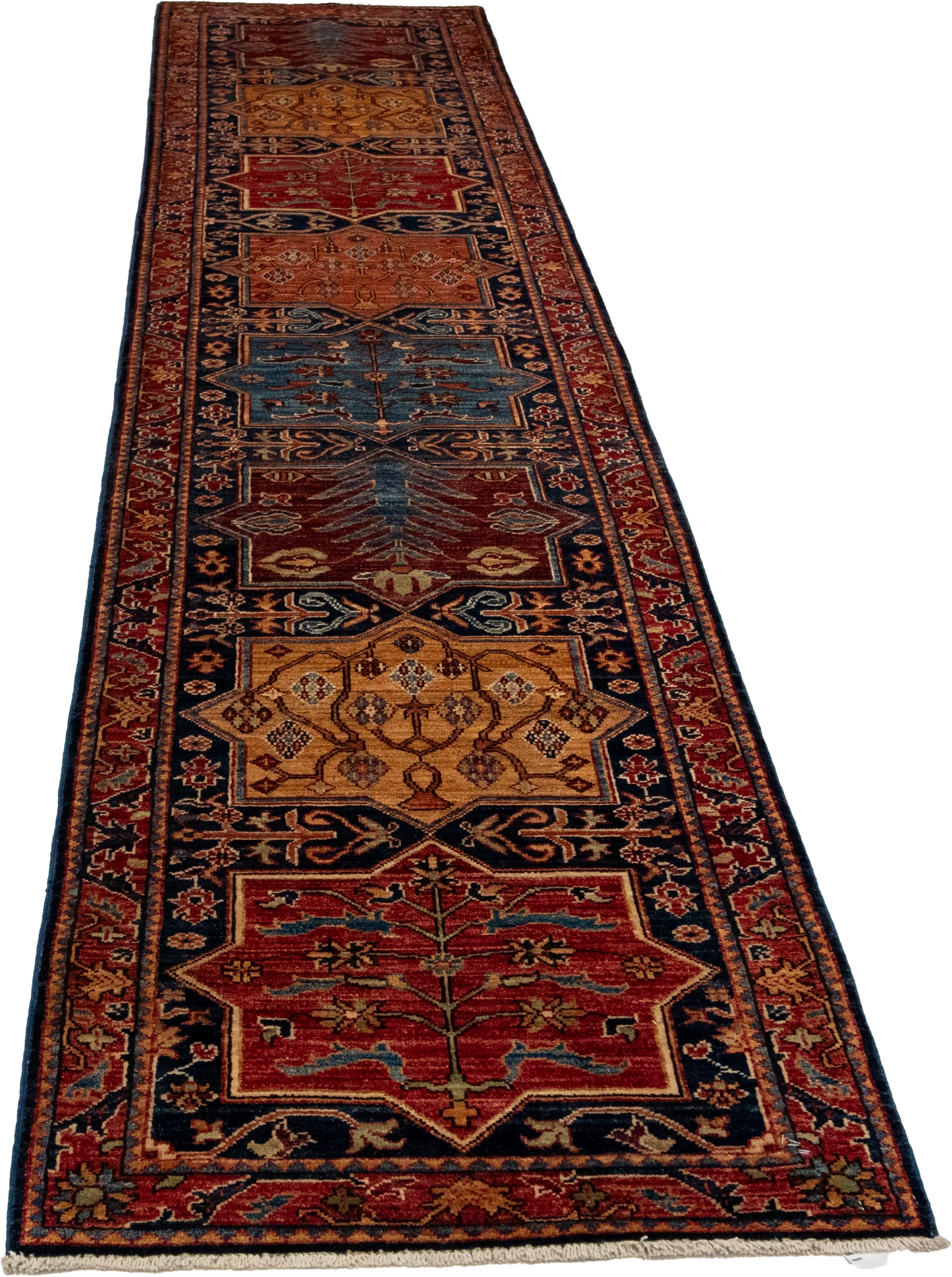 W 2.8 L 13.2 Kazak Runner 100% Wool Hand-Woven Geometric Design - 65626